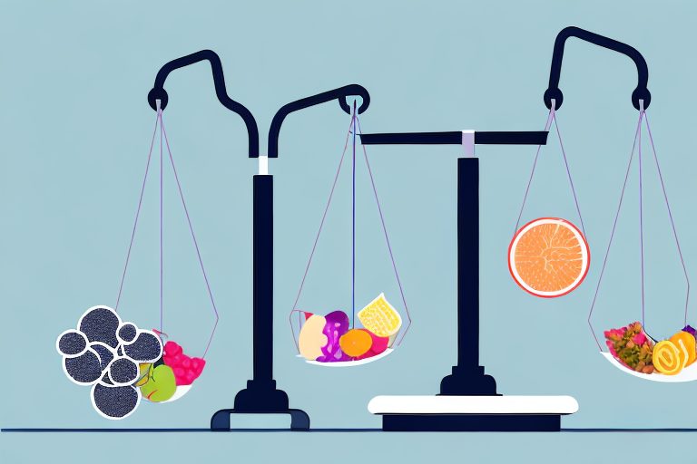 A balanced scale with healthy food items on one side and exercise equipment on the other