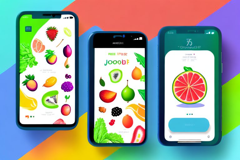 A colorful smartphone displaying a food journal app with various fruits