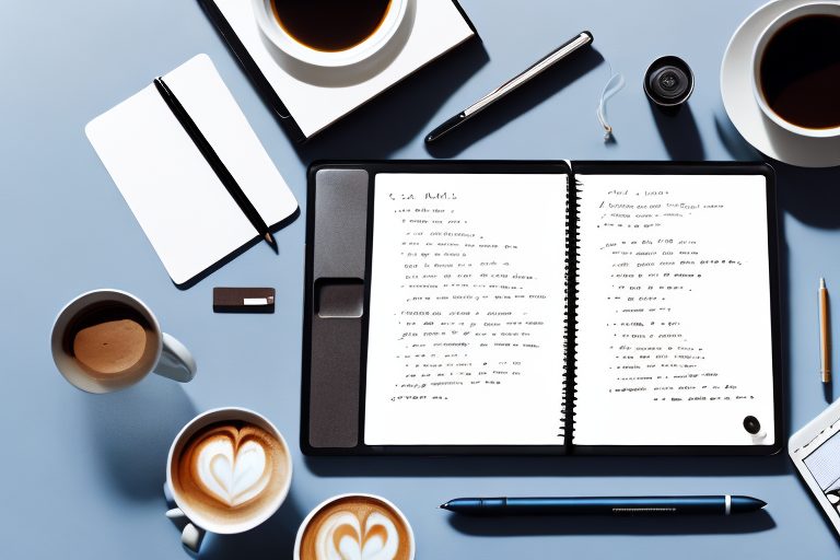 A neatly organized desk with a digital tablet displaying a journal app interface