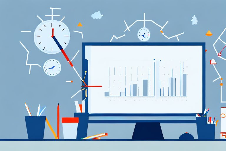 A desk scene featuring a computer screen displaying a productivity graph