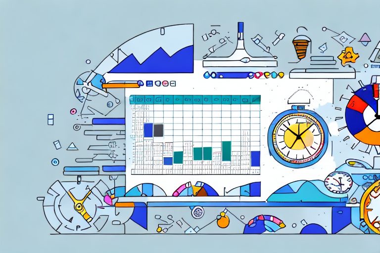 A dynamic spreadsheet surrounded by various productivity symbols like clocks