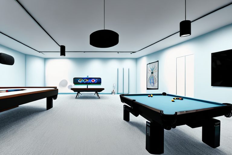 A rec room filled with various recreational items such as a pool table