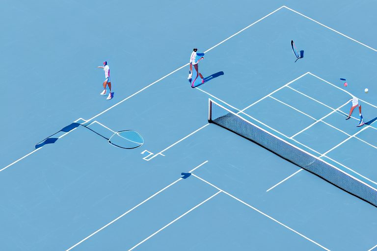 A tennis court with a futuristic ai device projecting holographic strategic plays and data analysis