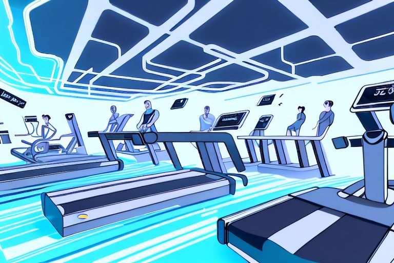 A futuristic gym setting with ai-powered equipment like treadmills