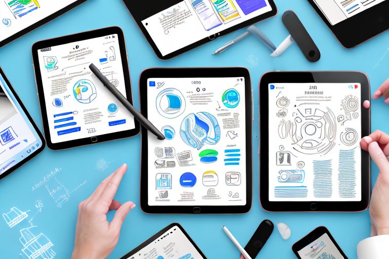 Several digital tablets and smartphones displaying different journal app interfaces