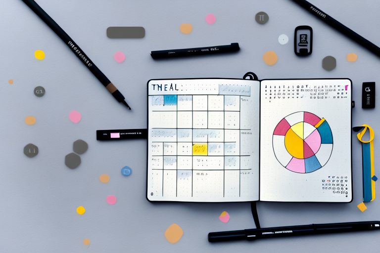 A bullet journal open to a spread full of various productivity tracking symbols and charts