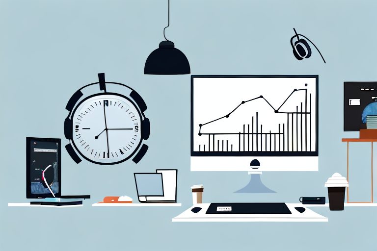 A home office setup with a computer screen displaying various productivity graphs and charts