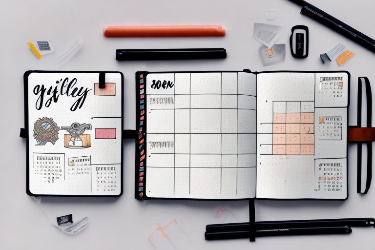 A well-organized bullet journal (bujo) with various productivity trackers such as task lists