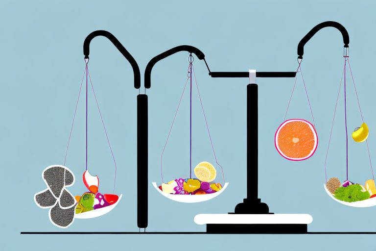 A balanced scale with healthy food items on one side and exercise equipment on the other