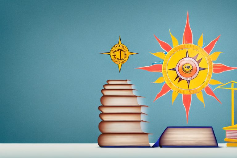 A school environment with various symbolic elements like a shining sun representing motivation