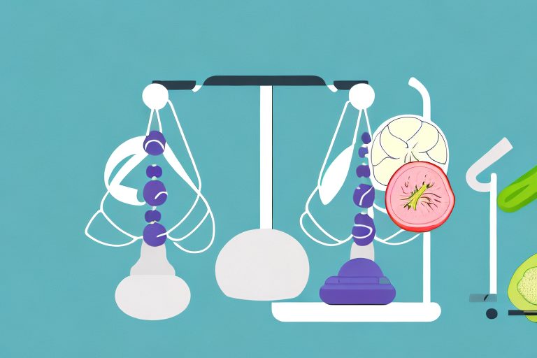 A scale balanced with healthy foods on one side and exercise equipment on the other