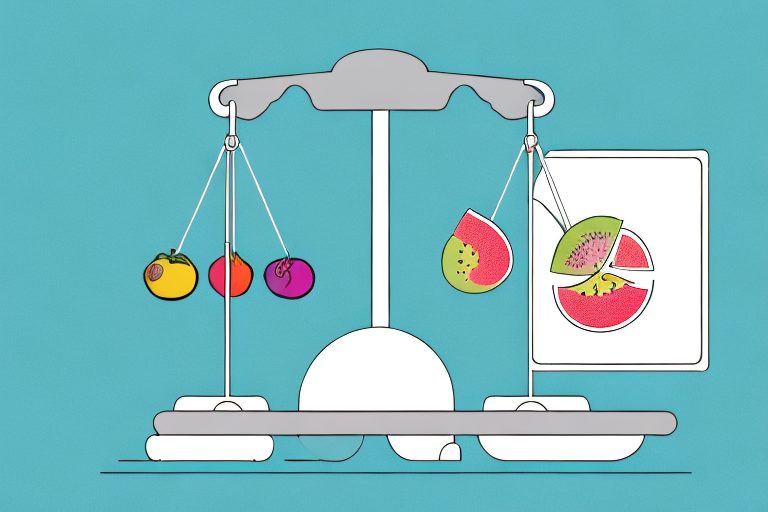 A balance scale with healthy food on one side and exercise equipment on the other