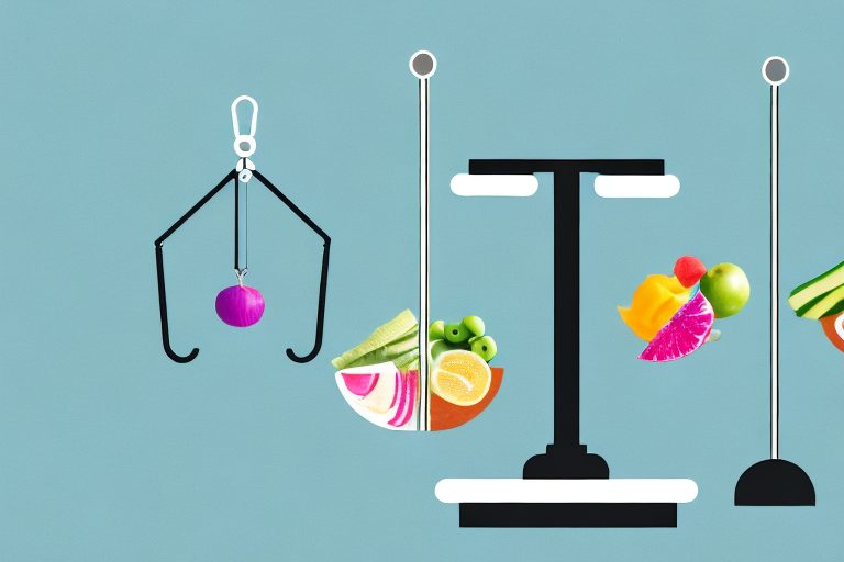 A balanced scale with healthy food on one side and exercise equipment on the other