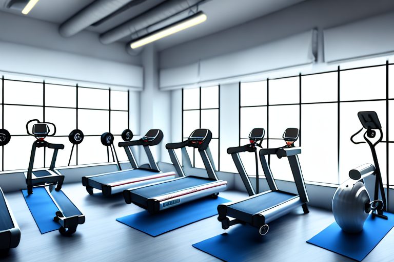 A gym interior with various workout equipment like treadmills