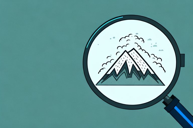 A magnifying glass focusing on a mountain peak with a flag