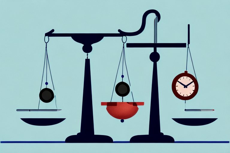 A balance scale with one side holding a checklist and the other side holding a clock