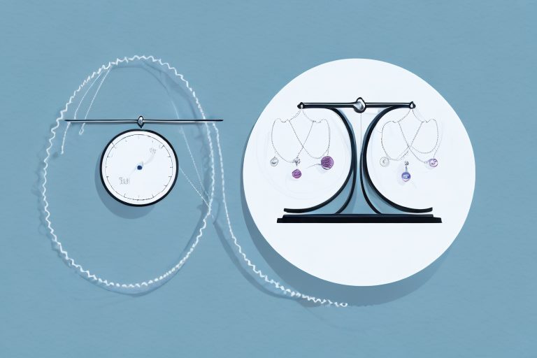 A pair of wedding rings linked together with a balance scale in the background