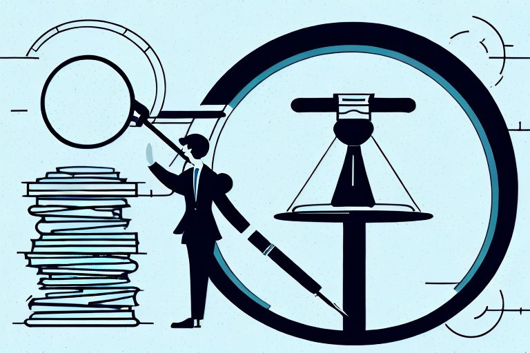 A balanced scale where one side holds a government building and the other side holds a magnifying glass