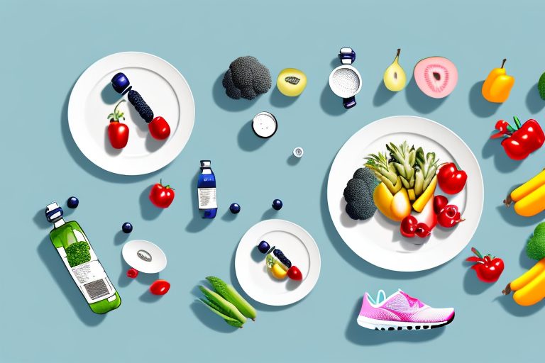 A set of dumbbells next to a plate of fresh fruits and vegetables