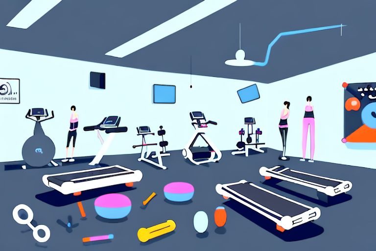 A gym setting with various types of workout equipment like a treadmill