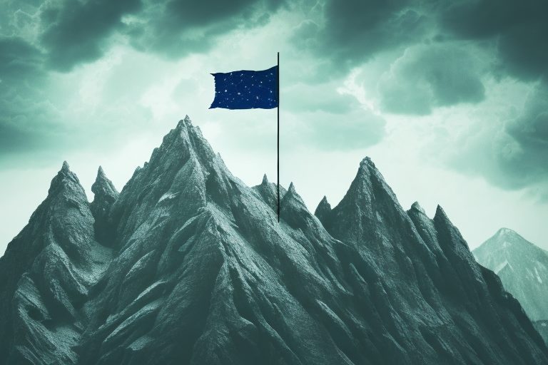 A mountain peak with a flag at the top