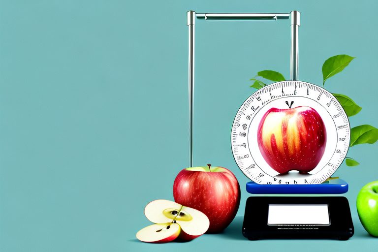 A scale balanced with a healthy food item like an apple on one side and a pair of running shoes on the other