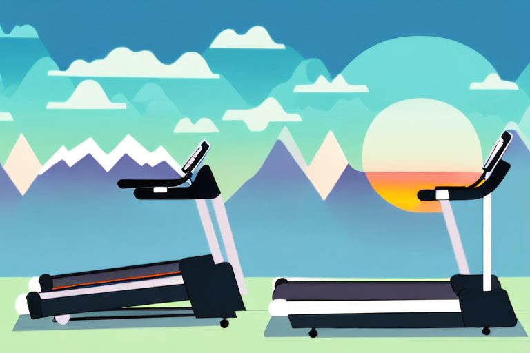 A treadmill with a scenic view of a sunrise over the mountains in the background