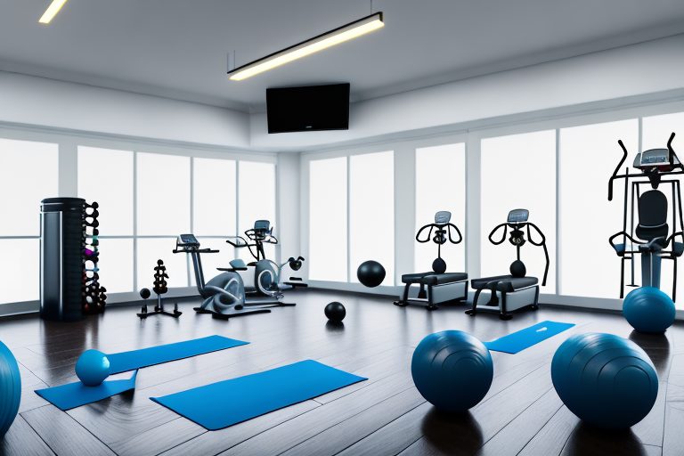 A home workout space with various fitness equipment like a yoga mat