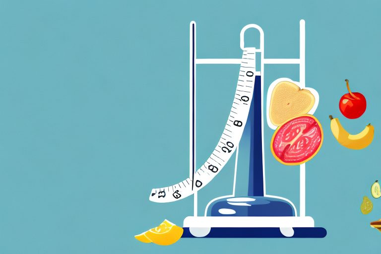 A scale balanced with a variety of healthy foods on one side and a trophy on the other