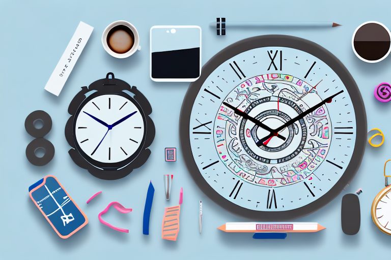 A clock surrounded by various symbols of tasks such as a laptop