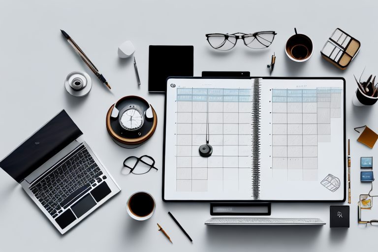 A desk setup with various tools like a laptop