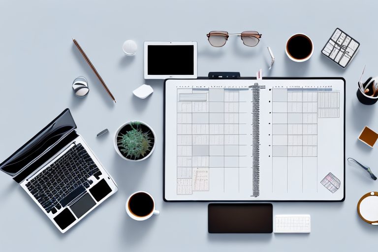 A well-organized office desk filled with essential productivity tools such as a laptop