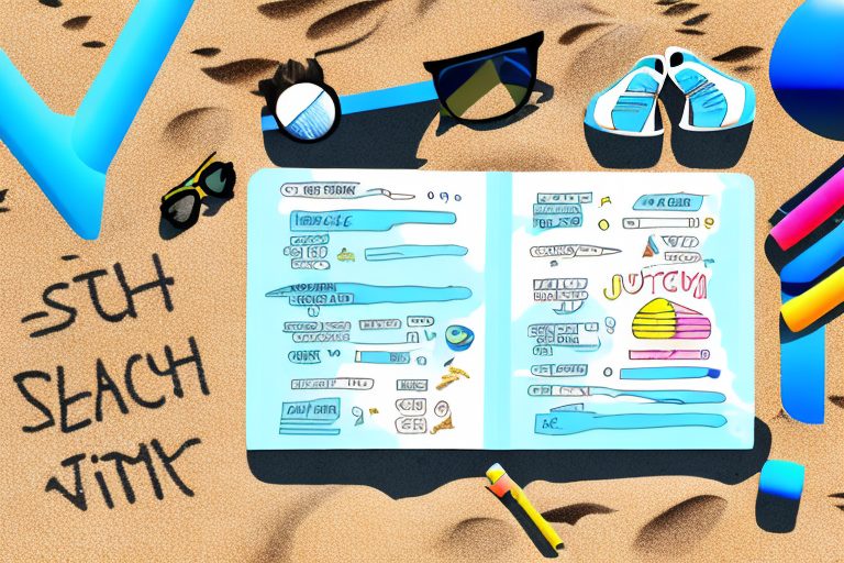 A sunny beach scene with a checklist drawn on the sand