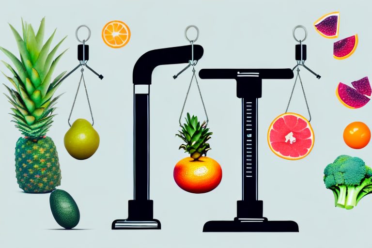 A balanced scale with vibrant fruits and vegetables on one side and fitness equipment like dumbbells and a yoga mat on the other