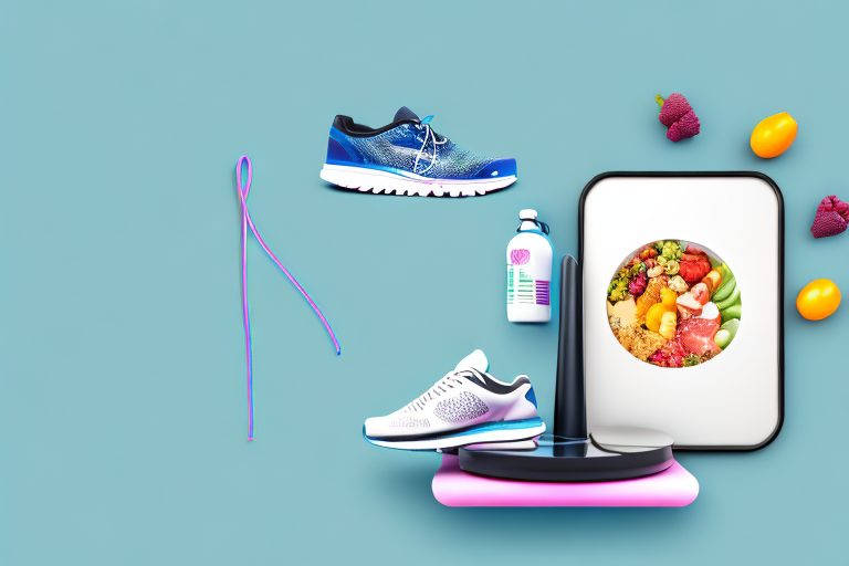 A balanced scale with various healthy foods on one side and a pair of running shoes