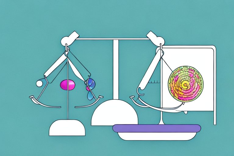 A scale balanced with healthy foods on one side and workout equipment on the other