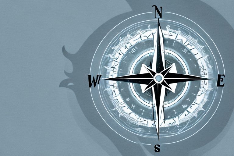 A compass pointing towards various symbolic elements such as a mountain peak (representing goals)