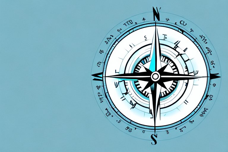 A compass pointing towards a symbolic representation of goals (like a mountain peak or a trophy)