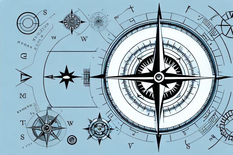 A compass pointing towards symbols of success such as a trophy