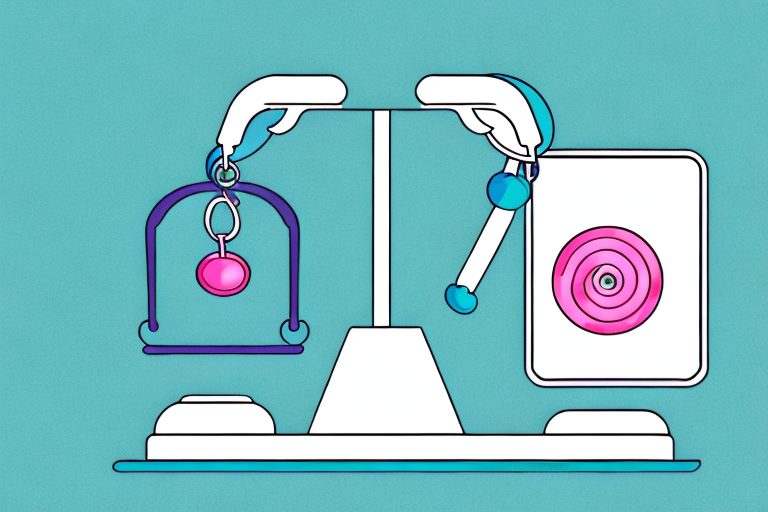 A scale balanced with healthy food on one side and workout equipment on the other