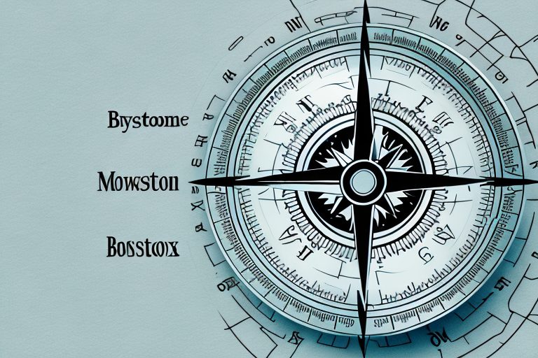 A symbolic compass pointing towards a stylized map of boston