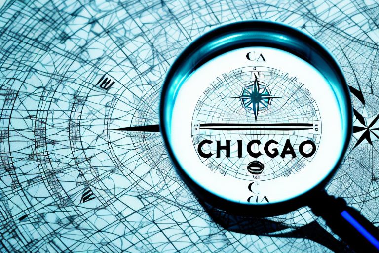 A magnifying glass hovering over a stylized map of chicago