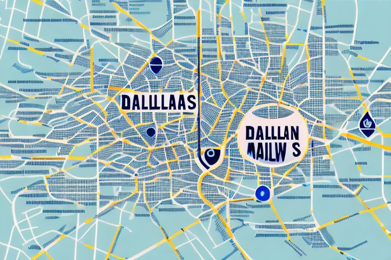 A symbolic map of dallas with highlighted pathways leading to a magnifying glass