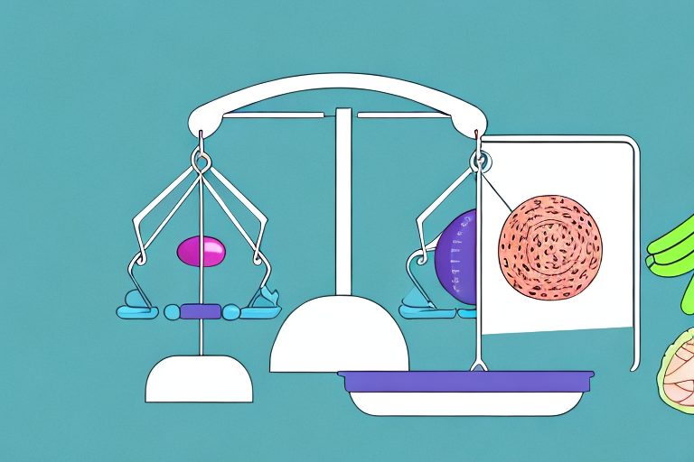 A scale balanced with healthy foods on one side and workout equipment on the other