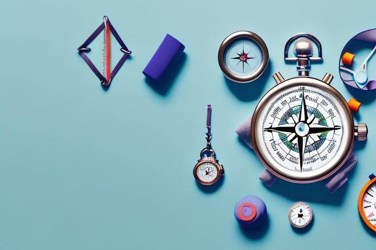 A compass surrounded by various fitness and wellness elements like a stopwatch