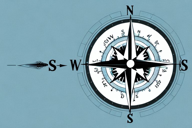 A compass pointing towards a path that is marked with milestones