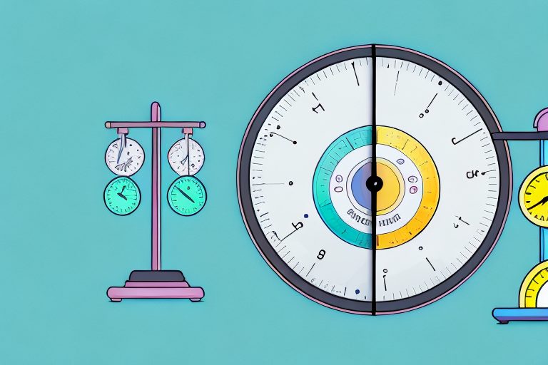 A scale balanced with a stopwatch on one side and a healthy salad on the other