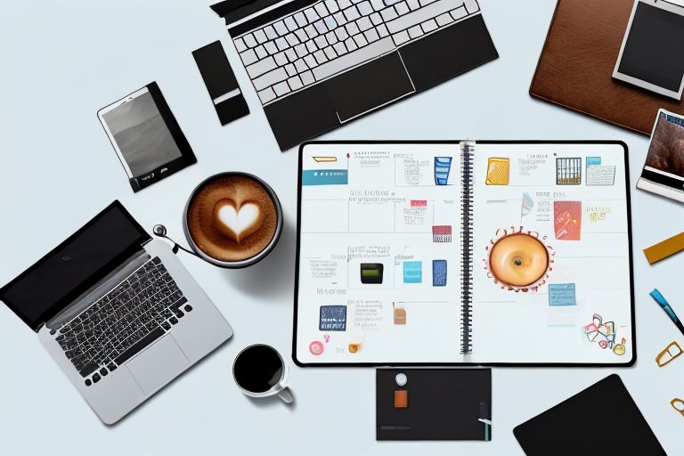 A well-organized executive desk featuring various productivity tools such as a laptop