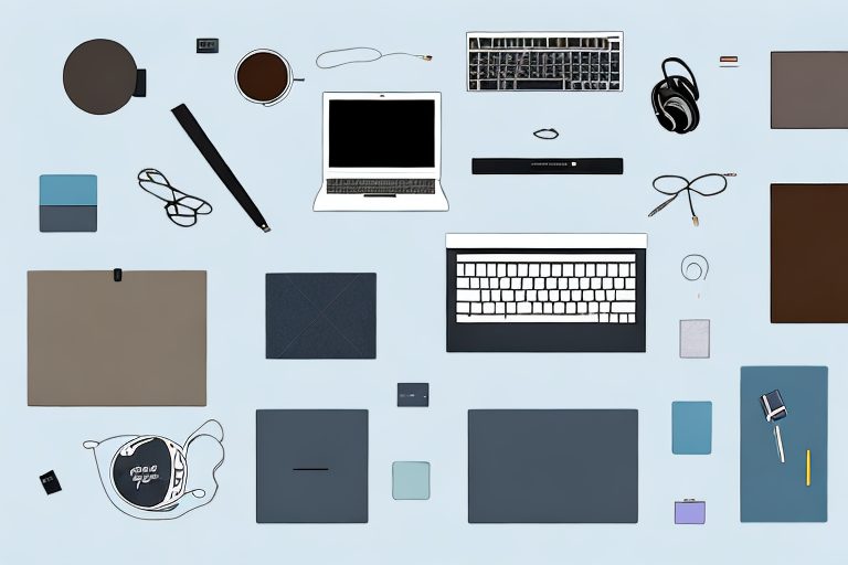 A desk setup featuring a variety of tools such as a laptop