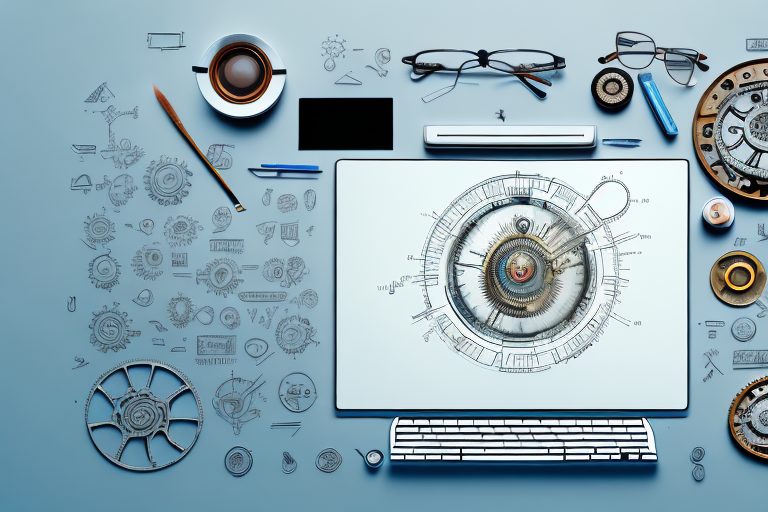 A desktop with various symbolic tools like a magnifying glass